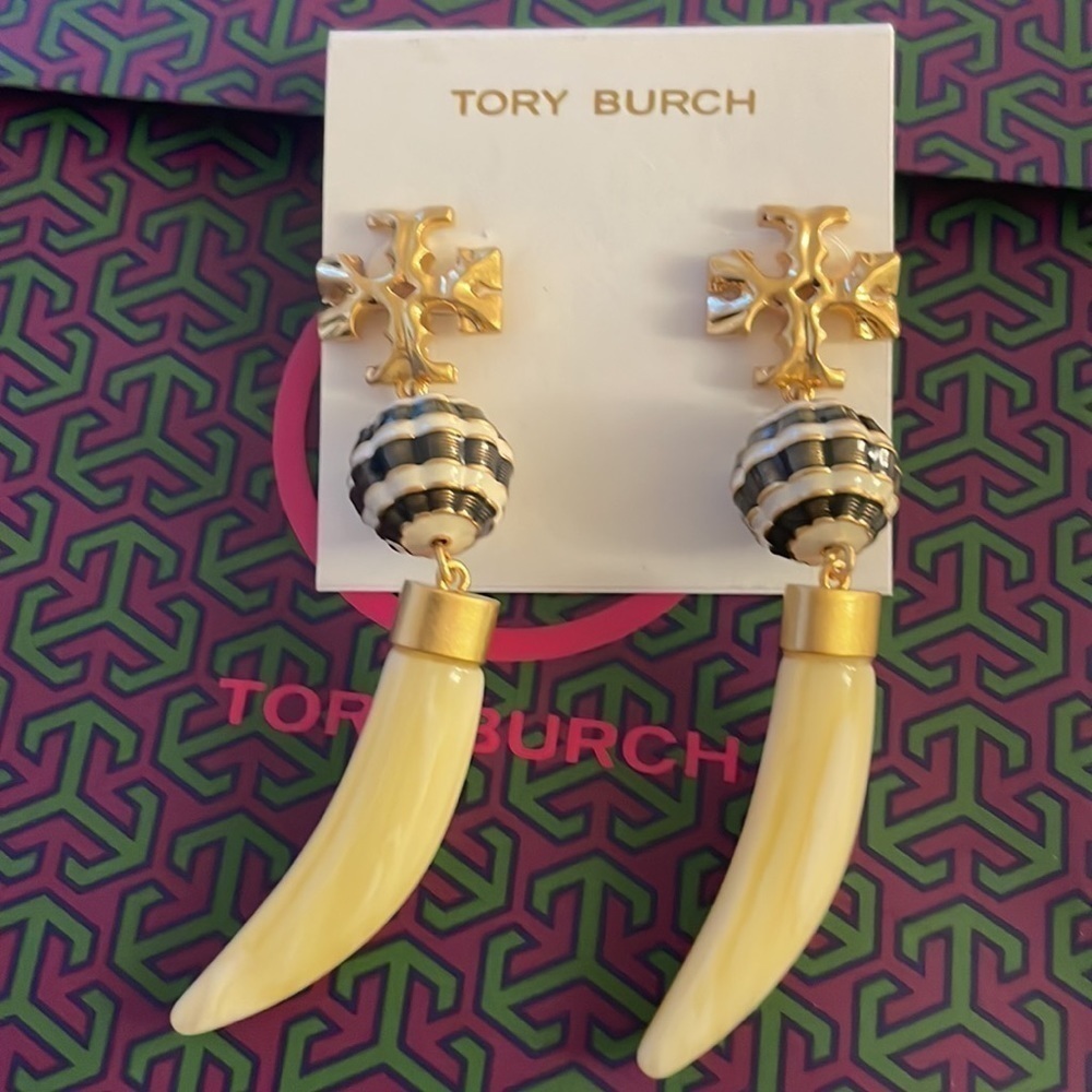 Tory Burch Statement Tusk Drop Earrings Gold Tone Black Bead Dangle Horn
